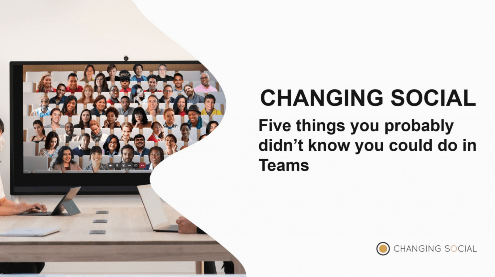 five things you didn’t know you could do in teams Masked employees on a conference call using laptops and a TV screen