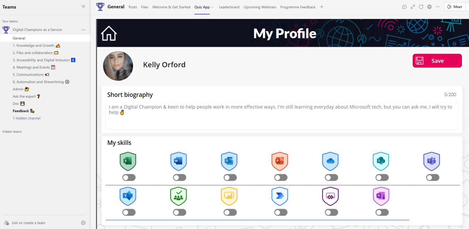 Digital Champion My profile section with skill badges