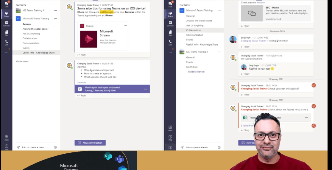 Microsoft teams app showing channels and teams with man in the corner