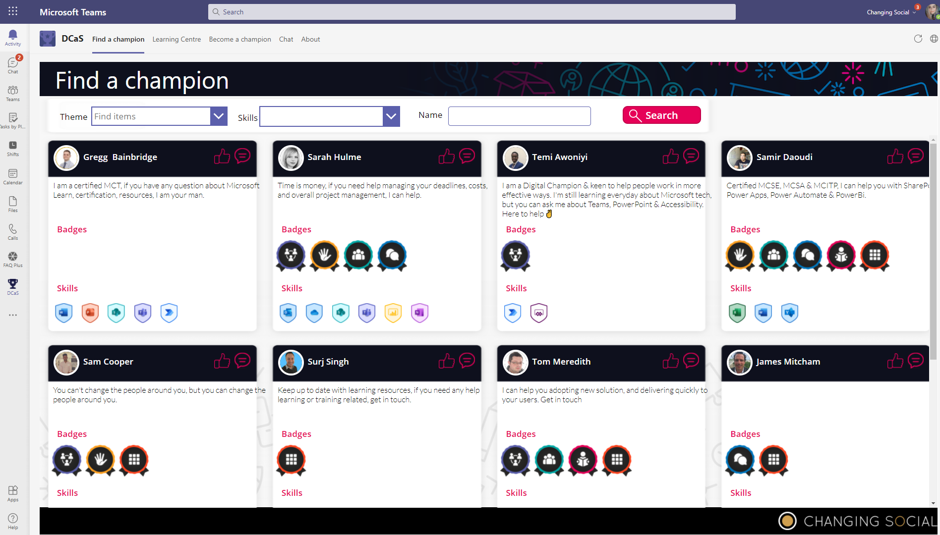 Screenshot of 'Find a Digital Champion app' with colourful badges in Microsoft Teams