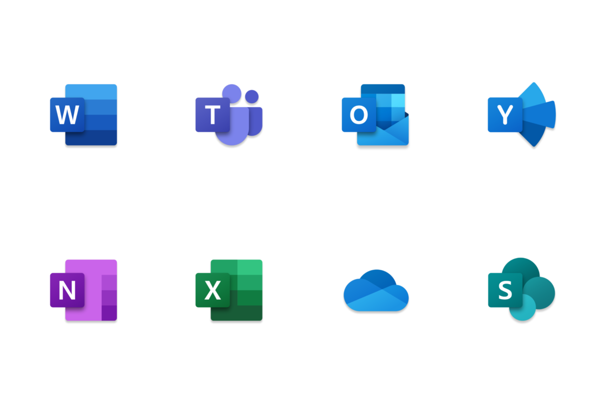 microsoft product Icons, Word, Teams, Outlook, Yammer, Notepad, Excel, Onedrive, Sharepoint