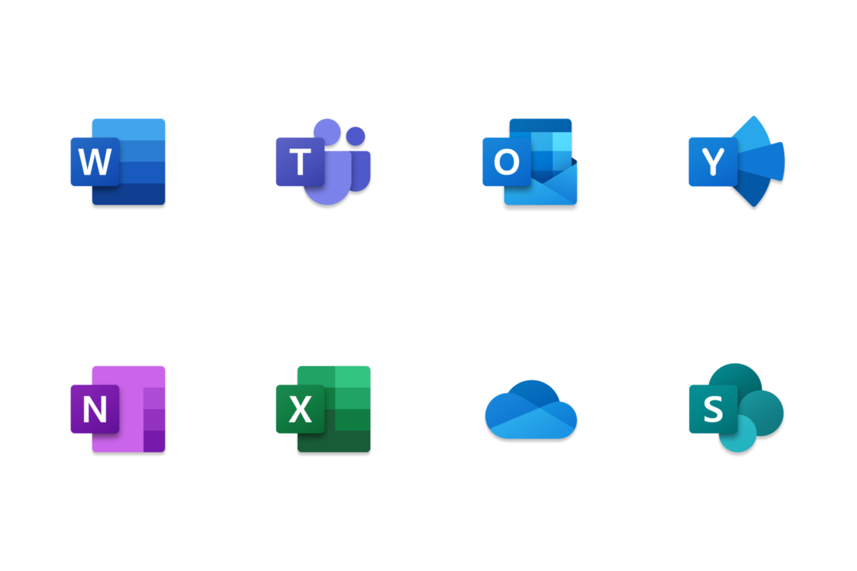 microsoft product Icons, Word, Teams, Outlook, Yammer, Notepad, Excel, Onedrive, Sharepoint