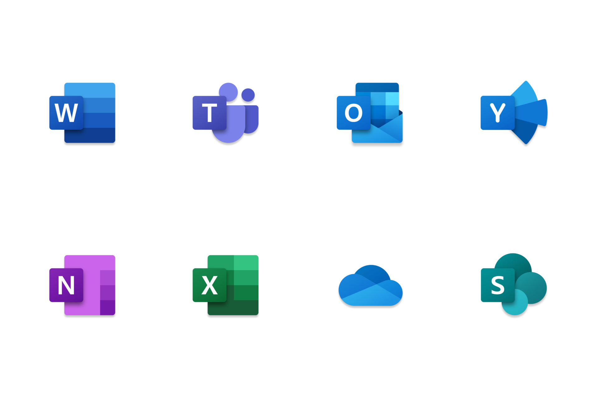 microsoft product Icons, Word, Teams, Outlook, Yammer, Notepad, Excel, Onedrive, Sharepoint