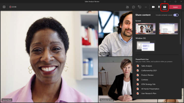 Microsoft Teams Video Call with Share screen button highlighted in red and share content dropdown menu