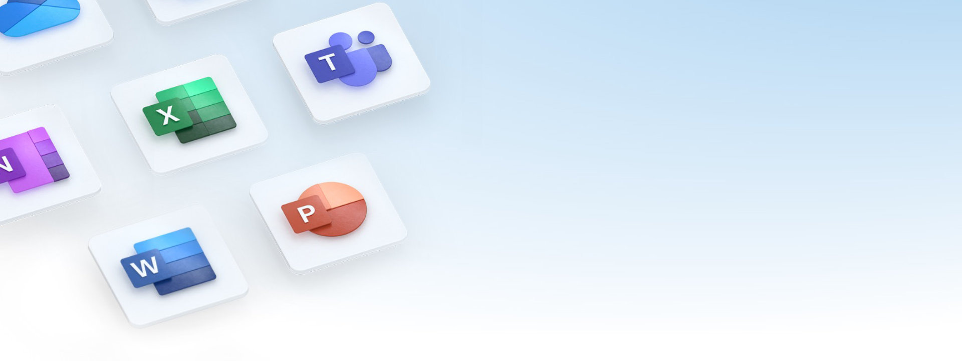 Microsoft product icons cascading from top left hand corner with a blue and white background