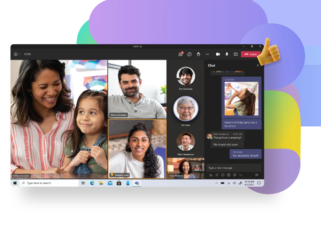 Microsoft Teams Online Video Meeting with thumbs up emoji and colourful graphics