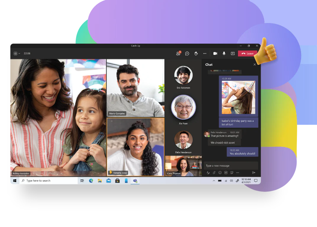 Microsoft Teams Online Video Meeting with thumbs up emoji and colourful graphics