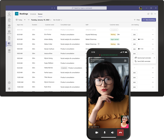 Bookings app within Microsoft Teams on a black tablet and black mobile device
