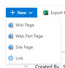 'New' blue button with dropdown including other links in SharePoint