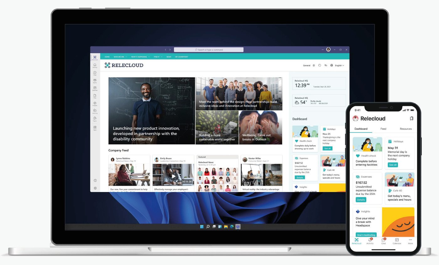 Employee experience Header image 2 Microsoft Viva Employee experience solutions on black Laptop and Mobile device