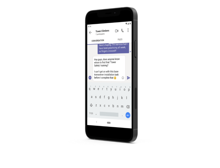 Black iPhone tilted with a Microsoft Teams chat open on the screen