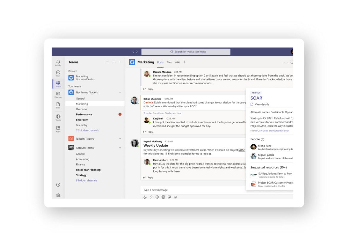 White frame with Microsoft Viva Topic Cards in Microsoft Teams chat