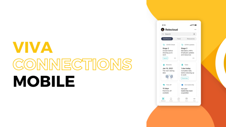 Viva Connections intranet mobile software on white phone with black and yellow text
