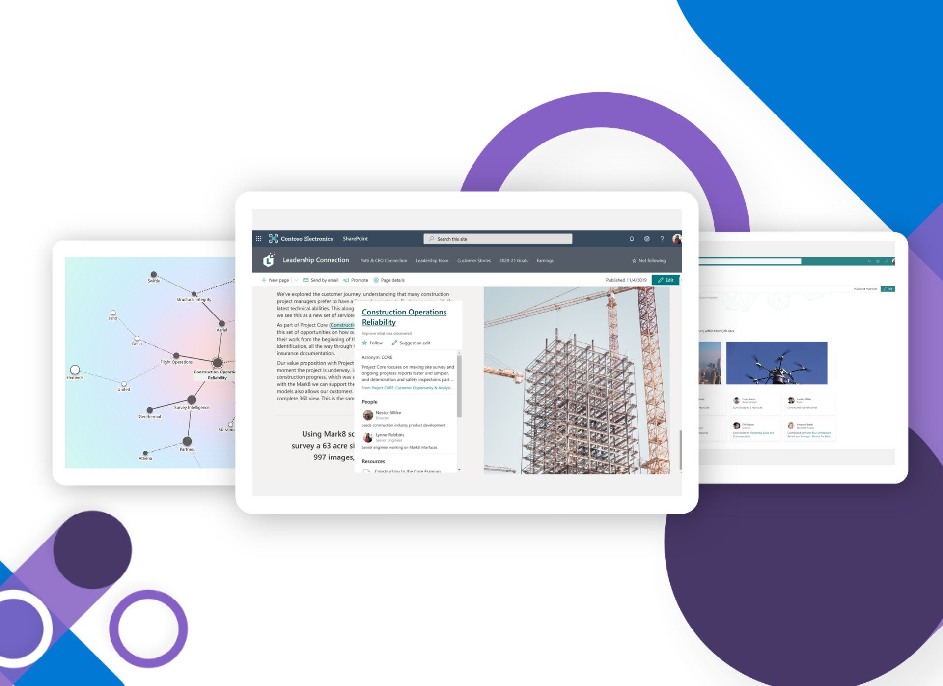 What is Microsoft Viva Topics Header image Three white tablets showing the Microsoft Viva Topics software in Microsoft Teams