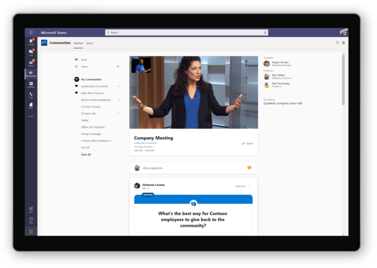 Black tablet with Yammer software sat within Microsoft Teams