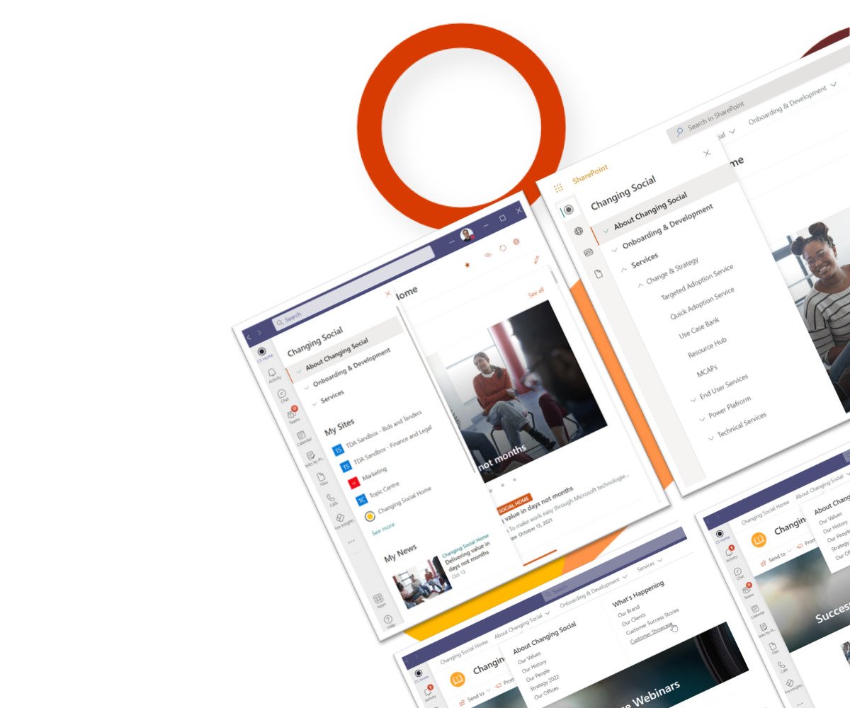 Employee Experience: Viva Connections Graphics Four square screenshots of Viva Connections with a orange circular graphic