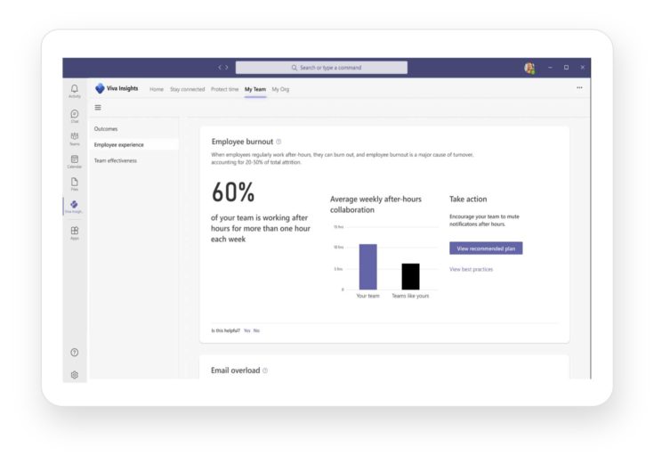 White tablet showing the Viva Insights 'my team' page in Microsoft Teams