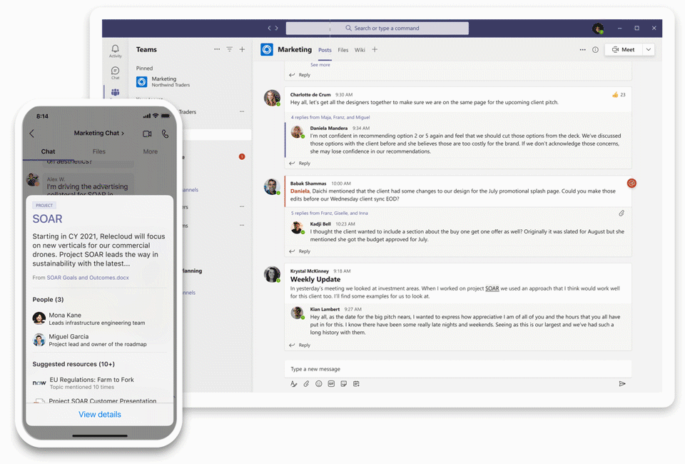 White mobile and tablet showing how to use Microsoft Viva topics in Microsoft Teams