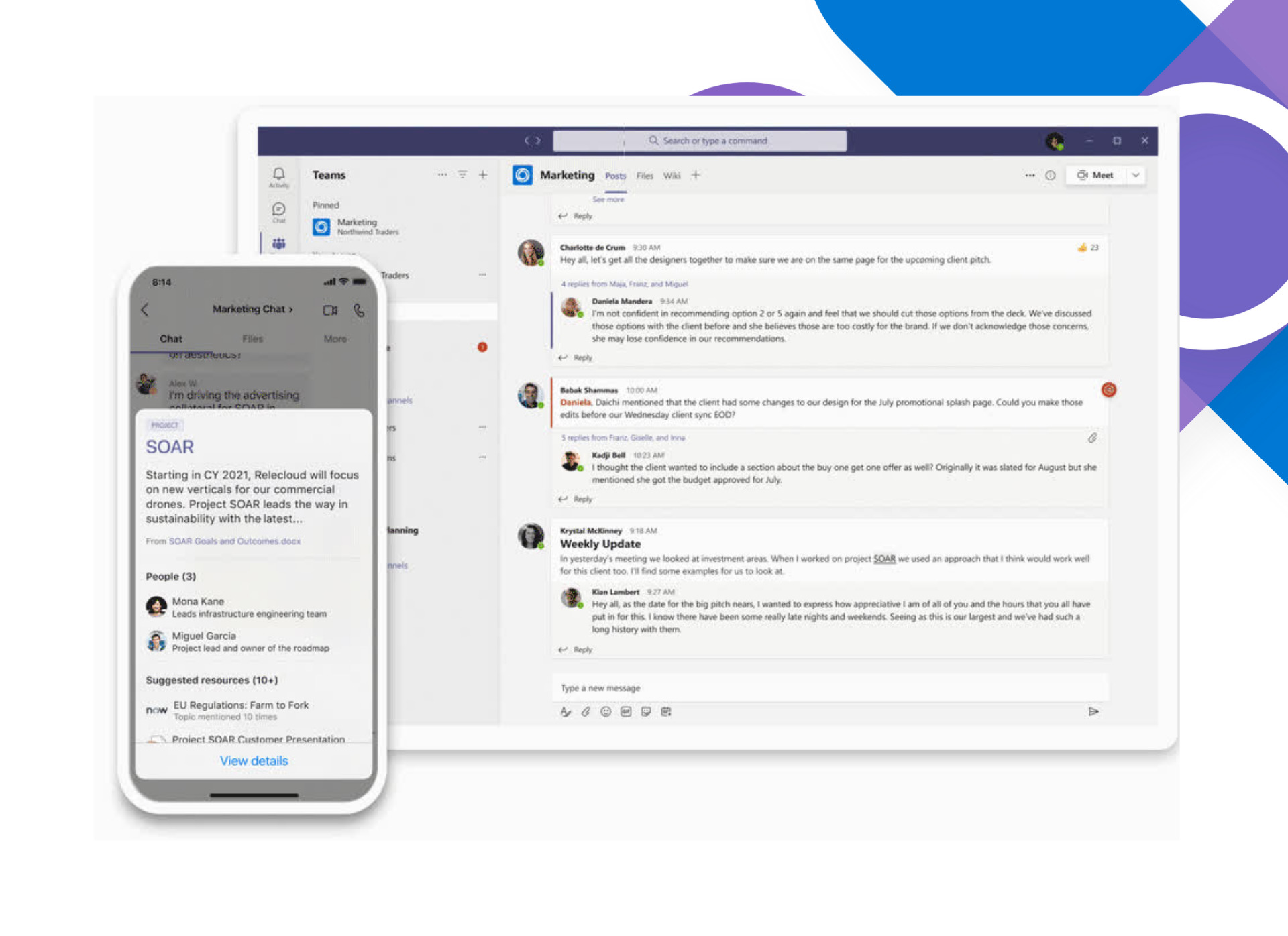 White mobile and tablet showing Microsoft Viva topics software in Microsoft Teams