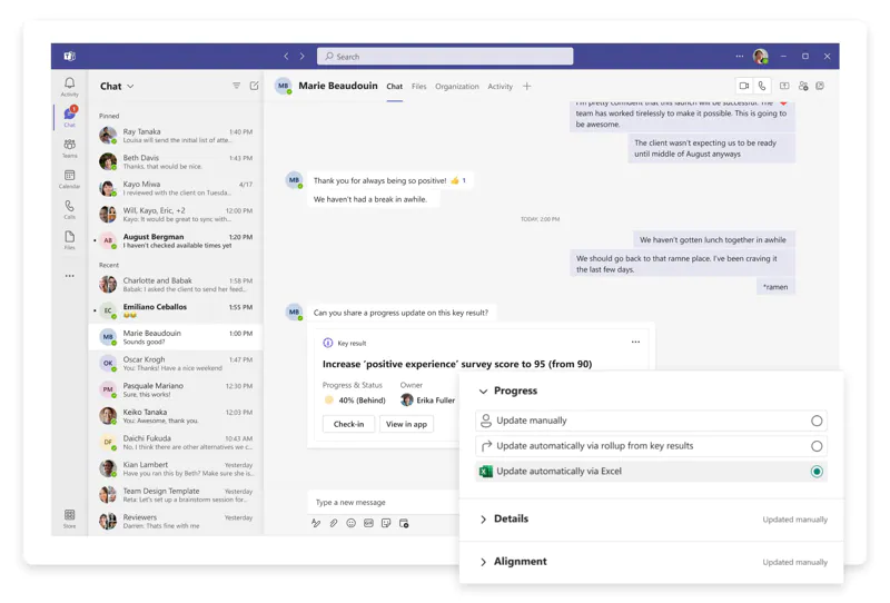 Tracking progress using Microsoft Viva Goals in Microsoft Teams