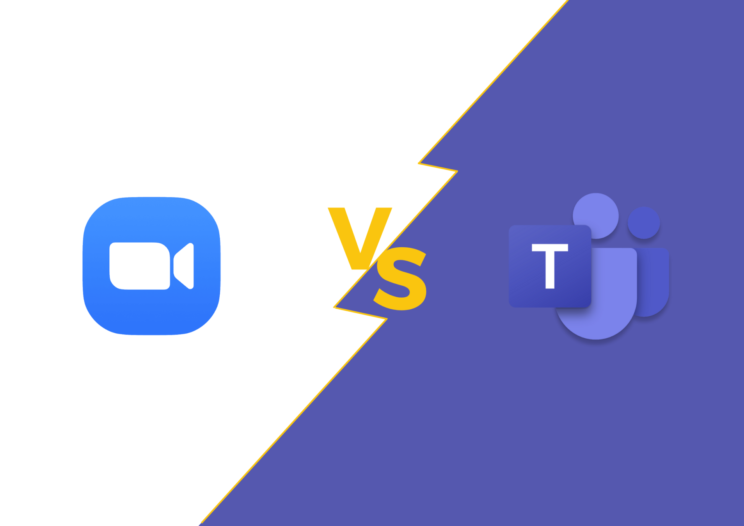 Zoom and Microsoft Teams logo separated by yellow VS