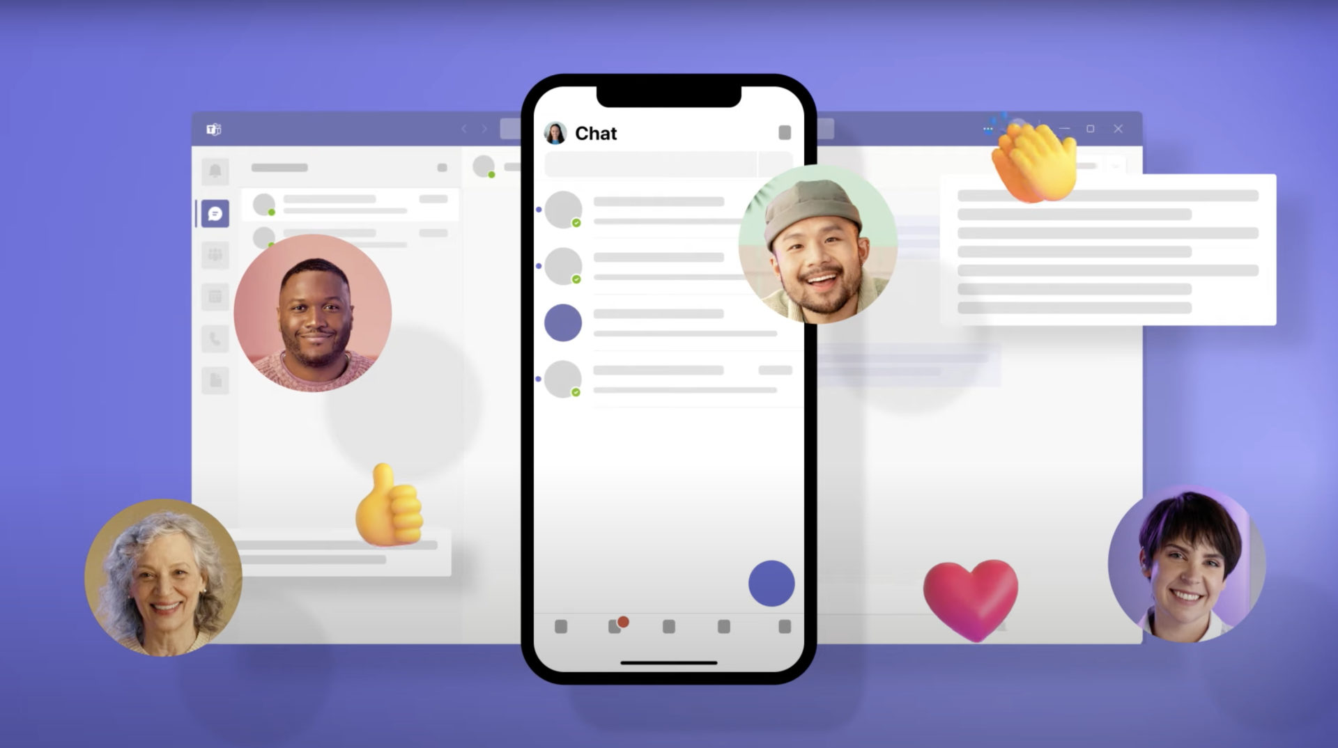Microsoft Teams graphics on mobile and desktop on a purple background with large emojis and people smiling