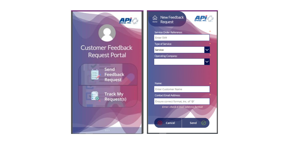 Two images of customer feedback request portal PowerApp
