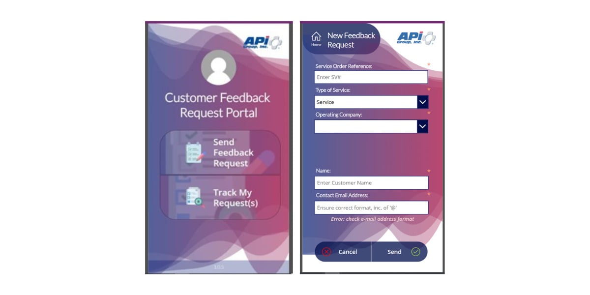 APi Power App Two images of customer feedback request portal PowerApp