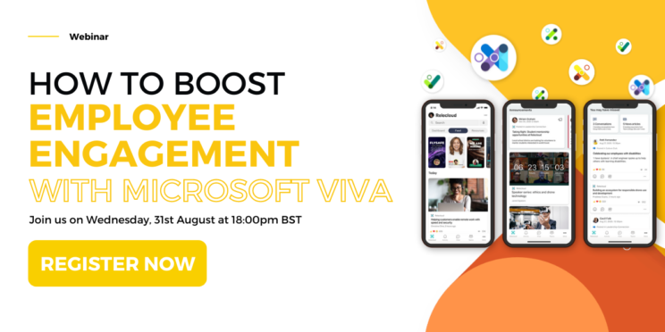 Microsoft Viva Connections on mobile with Viva theme and logos promoting the Employee Engagement Webinar