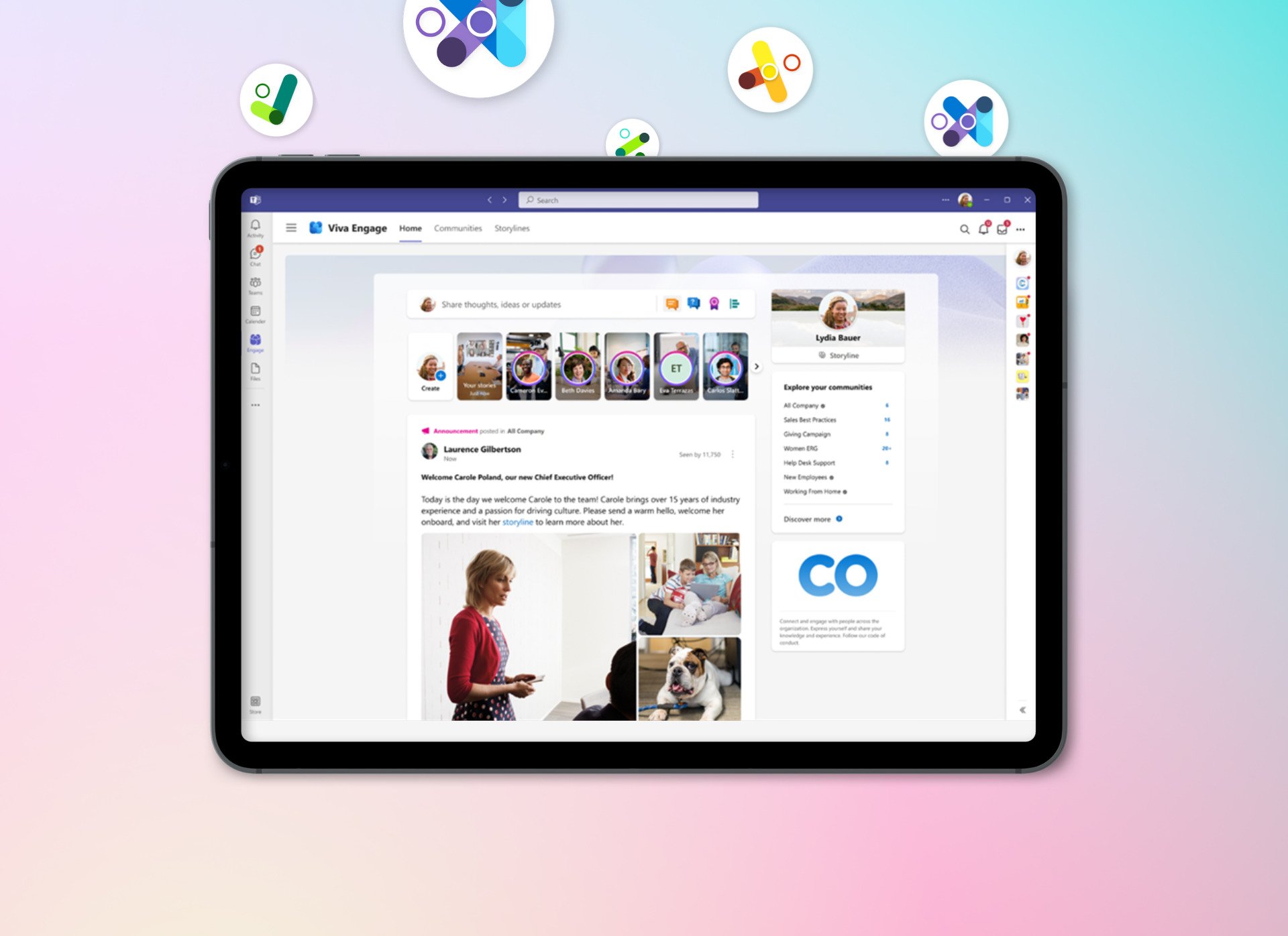 Microsoft Viva Engage homepage on iPad with Microsoft Viva logos