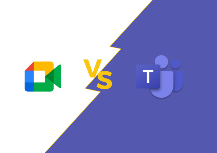 Purple background cut off with Yellow lightening with Microsoft Teams Logo & Google Meet logo
