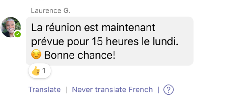 Chat message in Microsoft Teams with French text and emoji
