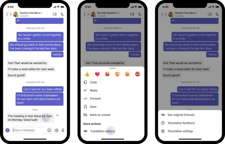 Threes mobile devices with Microsoft Teams Chat on the screen