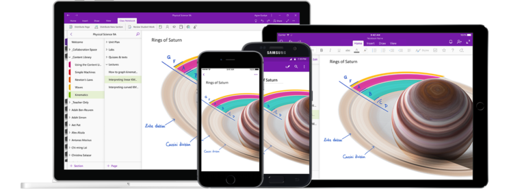 Microsoft OneNote on Mobile and Laptop devices showing colourful design