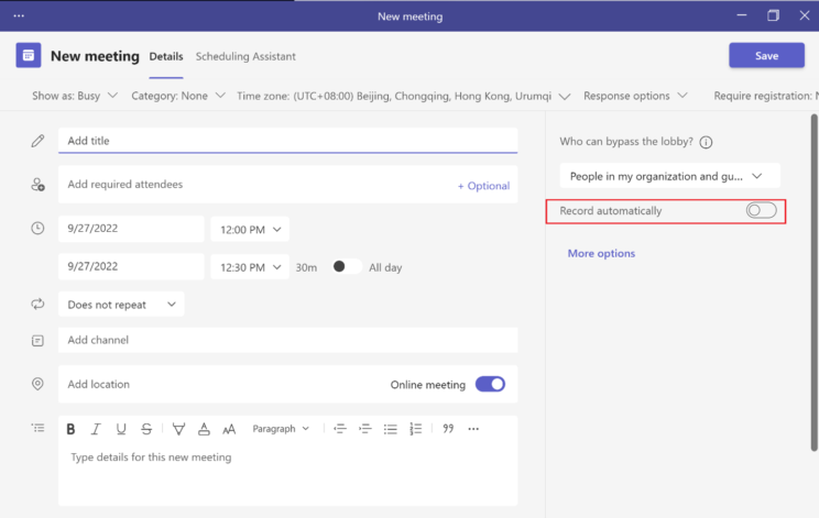 Microsoft Teams meeting details panel with red box highlighting the 'record automatically' function
