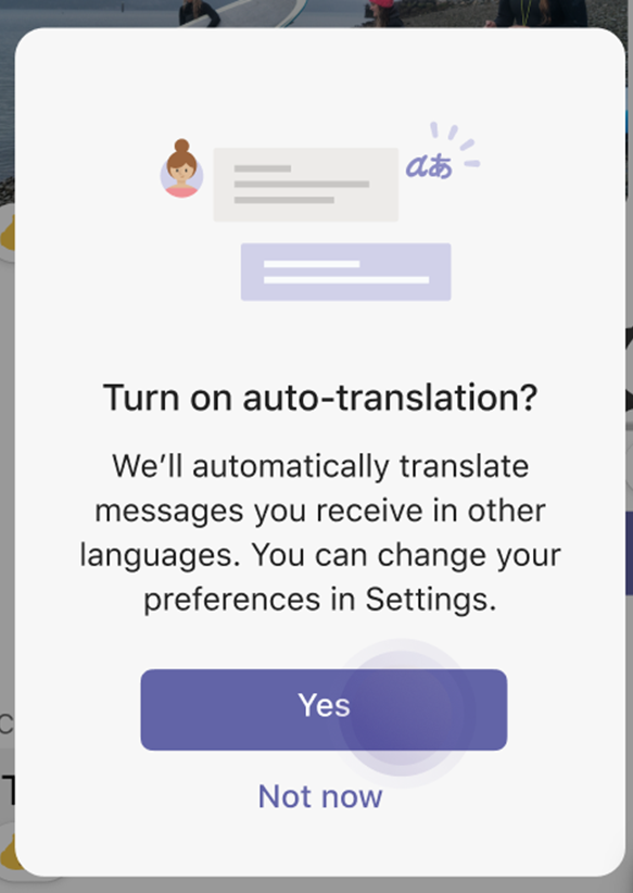 Auto translation pop up in Microsoft Teams