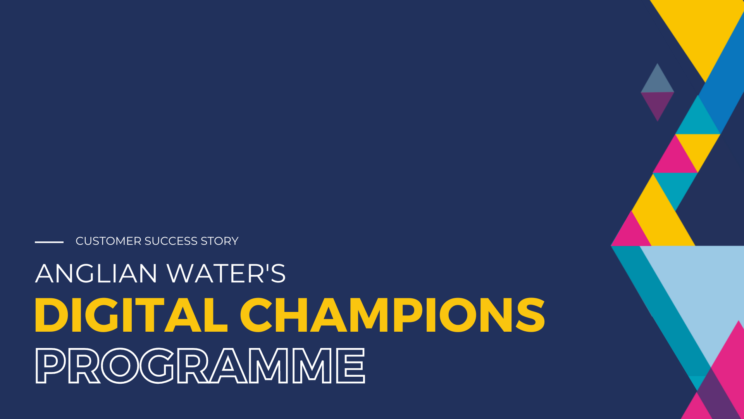 Anglian Water Digital Champions Video Testimonial Thumbnail With Text & Colourful Shapes