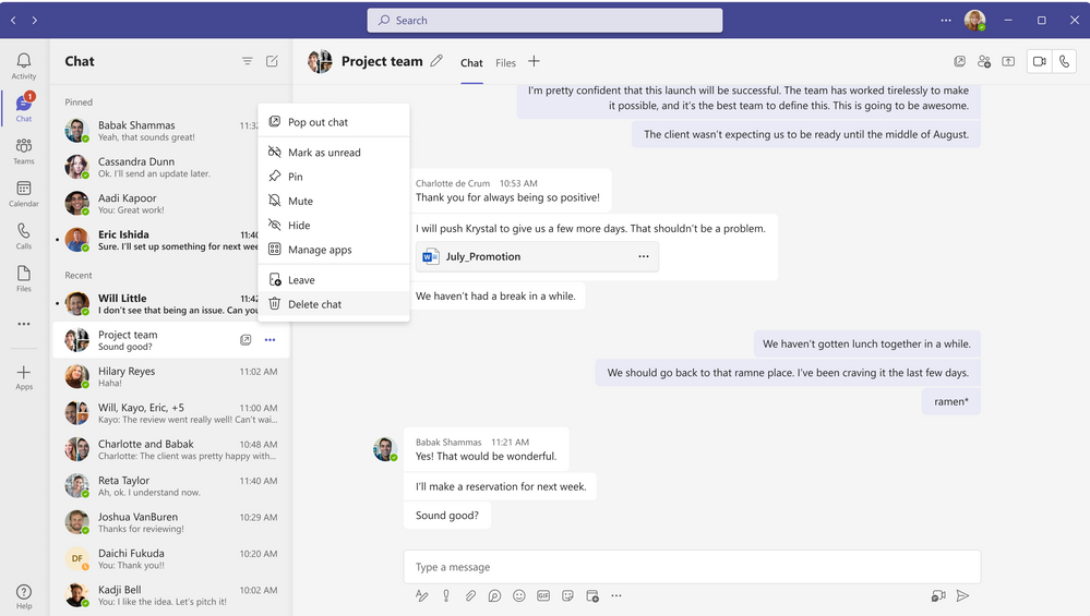 chat function in microsoft teams