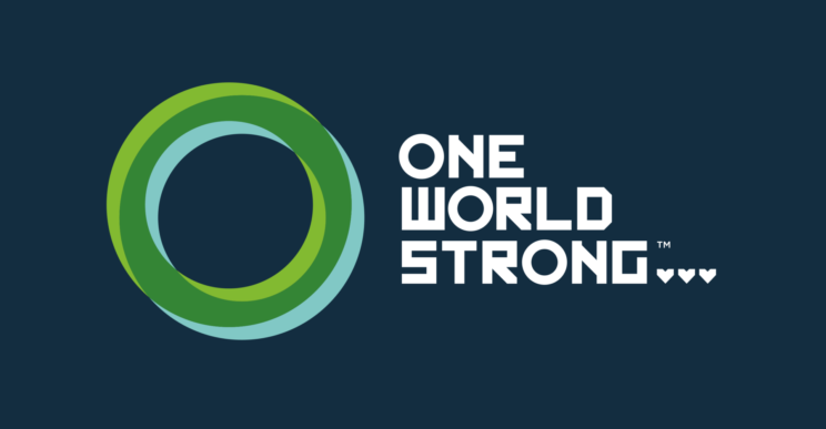 A blue background, with an overlapping blue and green circle at the forefront next to the words 'One World Strong'