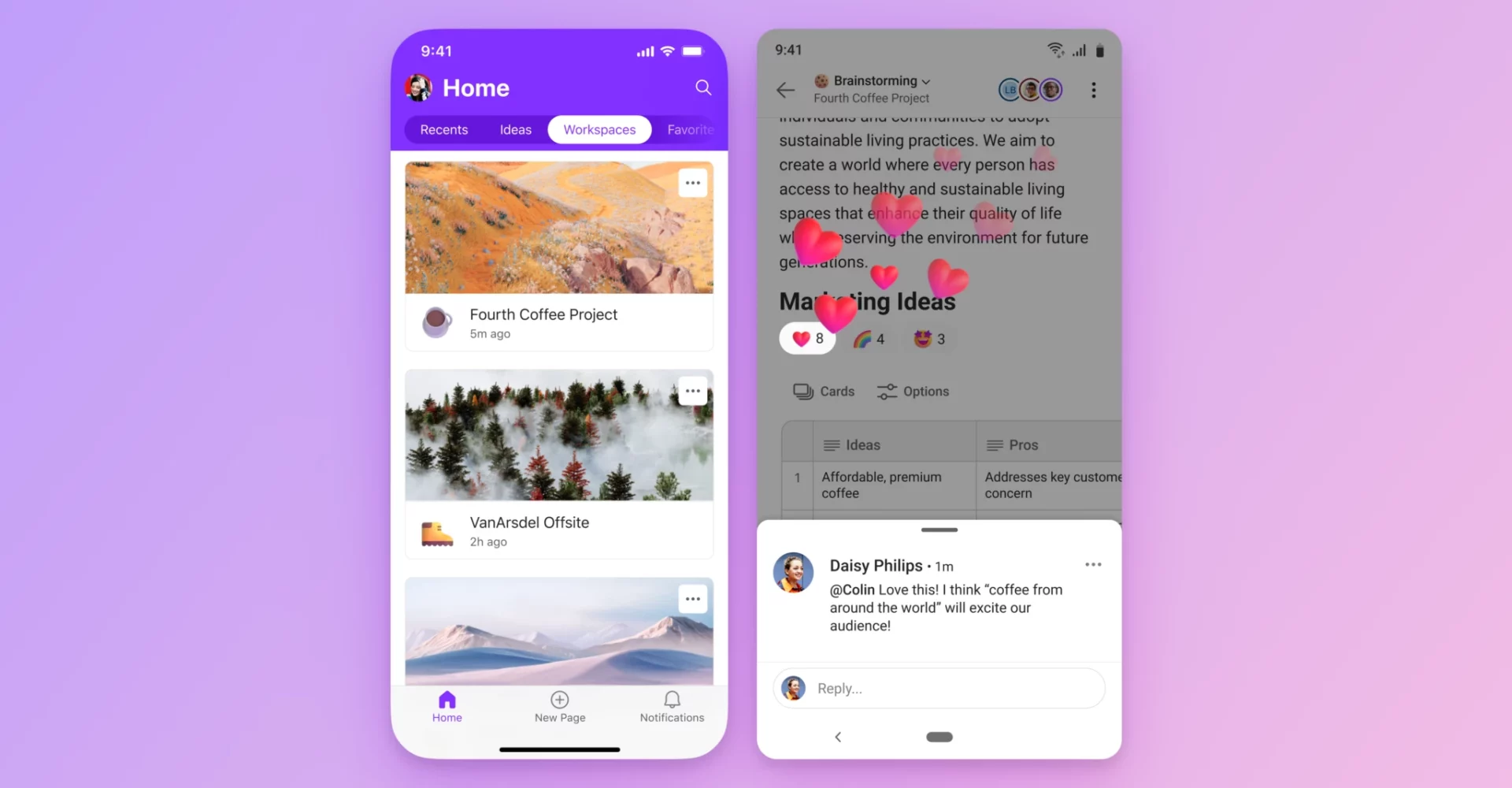 An image of two phone screens next to each other, displaying the loop app, on a purple background 