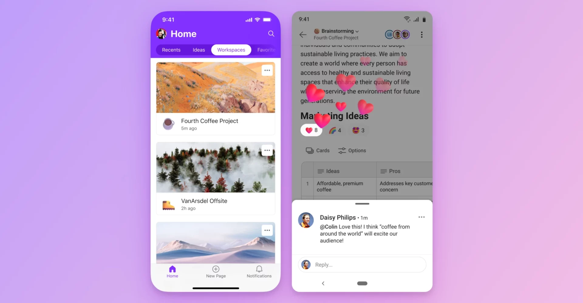 An image of two phone screens next to each other, displaying the loop app, on a purple background
