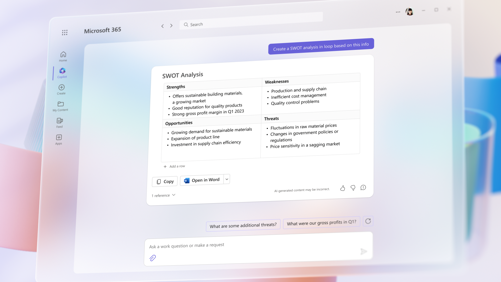 A screenshot of copilot performing a SWOT analysis within Microsoft Word