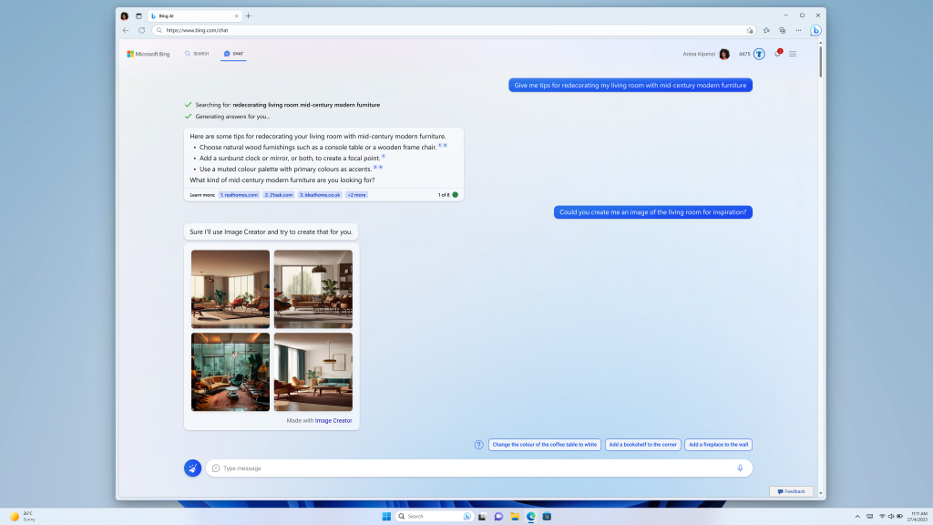 A screenshot of someone using Bing Image Creator, asking for inspiration for living room decor 