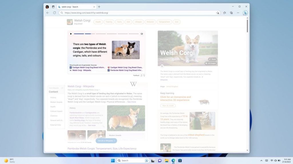 A screenshot of bing image creator in use, displaying images of corgi's