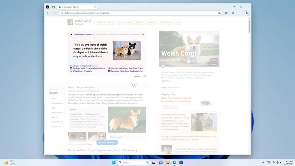 A screenshot of bing image creator in use, displaying images of corgi's 