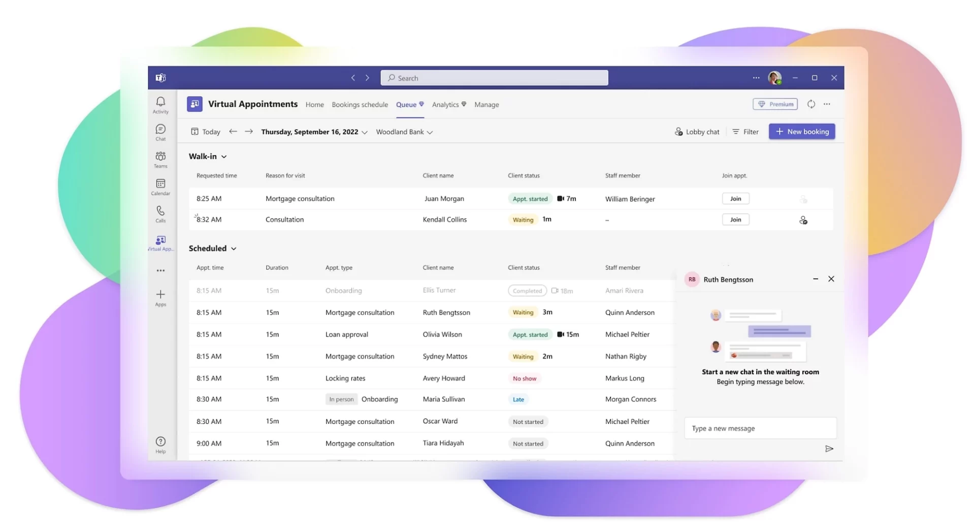 A screenshot of Microsoft Teams Premium with some brightly coloured circles behind it