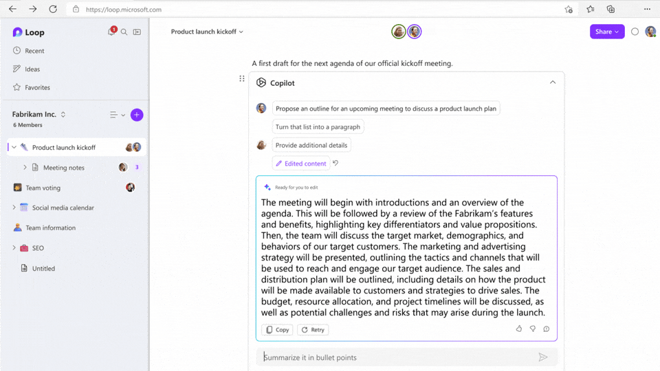 A short video of someone giving copilot a prompt and it generating an answer within MS Loop