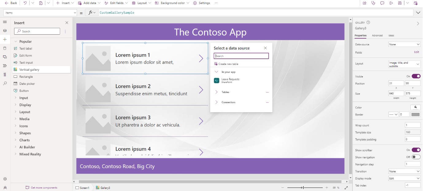 a screenshot of a canvas app in progress with purple highlights, and lorem ipsum displayed in data source windows