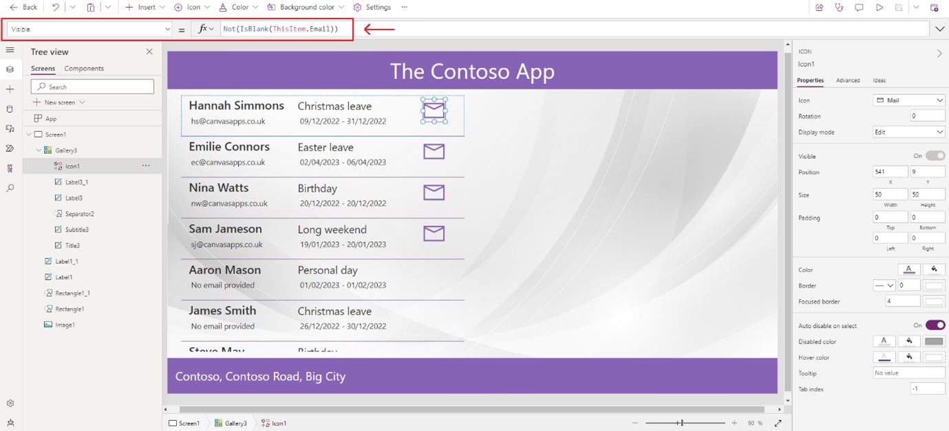 a screenshot of a canvas app with names and key dates, and purple highlights around the border