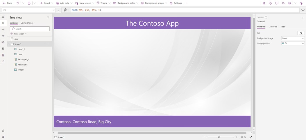a screenshot of a canvas app in progress, with purple highlights and the words 'contoso app' displayed 